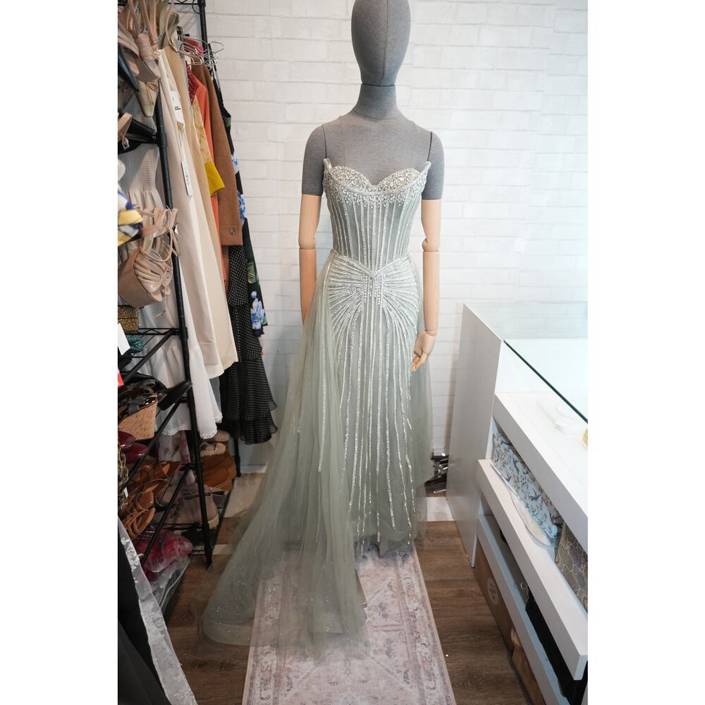 Ladivine CB158 Strapless Beaded Corset Prom Gown Formal Womens Sage Green Size 4 - Picture 4 of 8